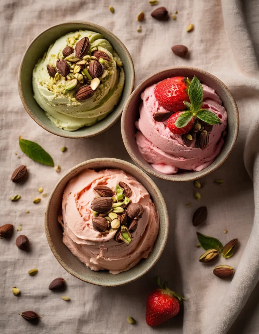 Trei boluri de gelato cu fistic și căpșuni, pe o față de masă din in